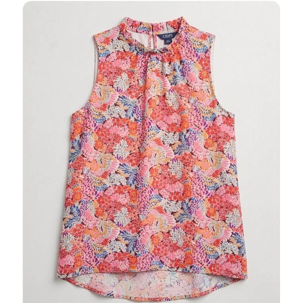 Chaps Pink Orange Floral Sleeveless Blouse High Neck Ruffle Top XL